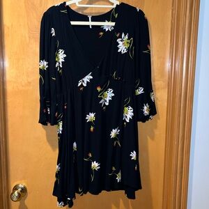 Free People Black Floral Whimsygoth Wrap Dress with Plunging Neckline